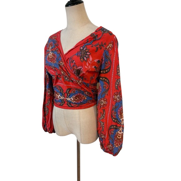 Floral Wrap Peasent Red Crop Top Open Back Tie Boho Cottagecore Sz Xs Festival - Picture 2 of 7